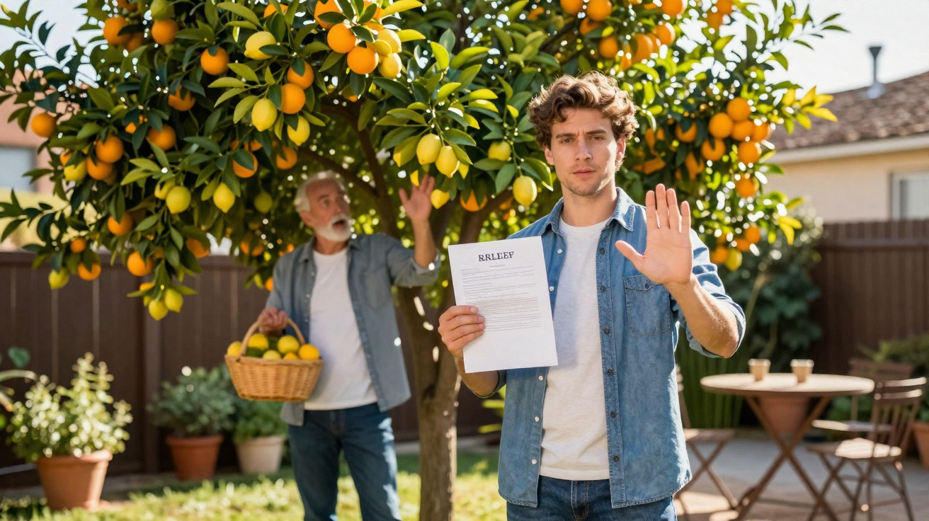 Young man holding a paper labelled "relief" and signalling stop, older man picking fruit from a tree in a garden.