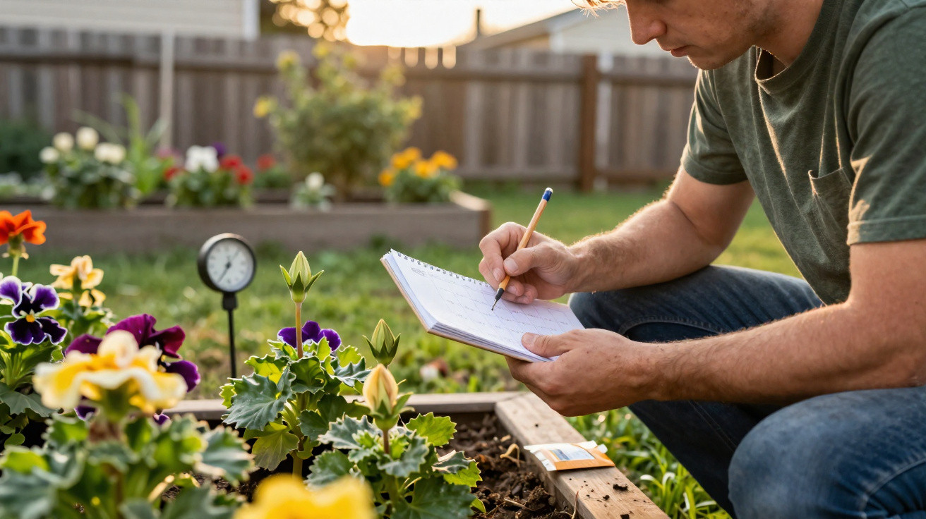 Person kneeling in garden writing notes in a notebook next to colourful flowers and seed packets.