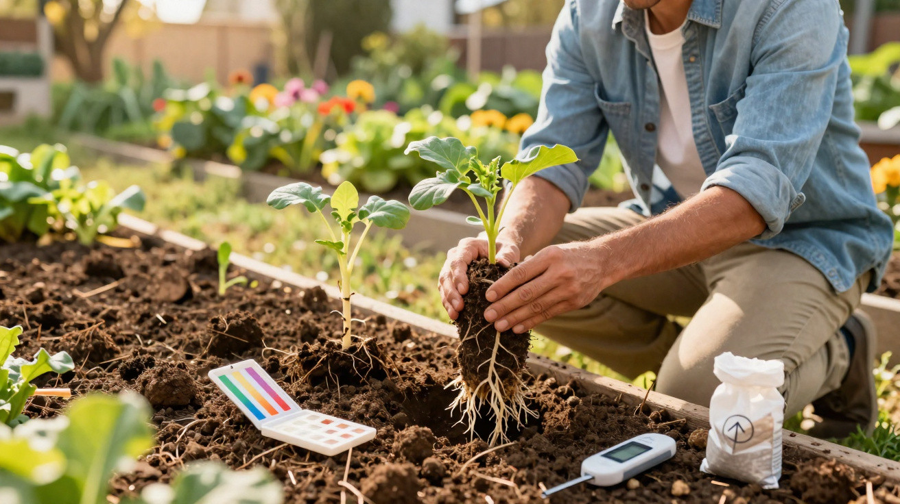 Person planting young seedlings in garden soil with pH test strips and gardening tools nearby.