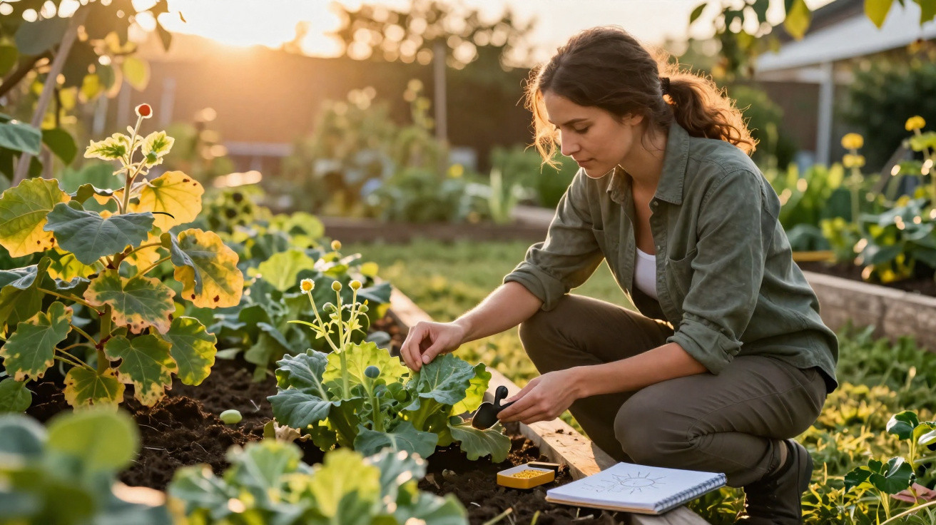 Woman gardening and examining plants in a raised bed at sunset with a notebook nearby in a home garden.