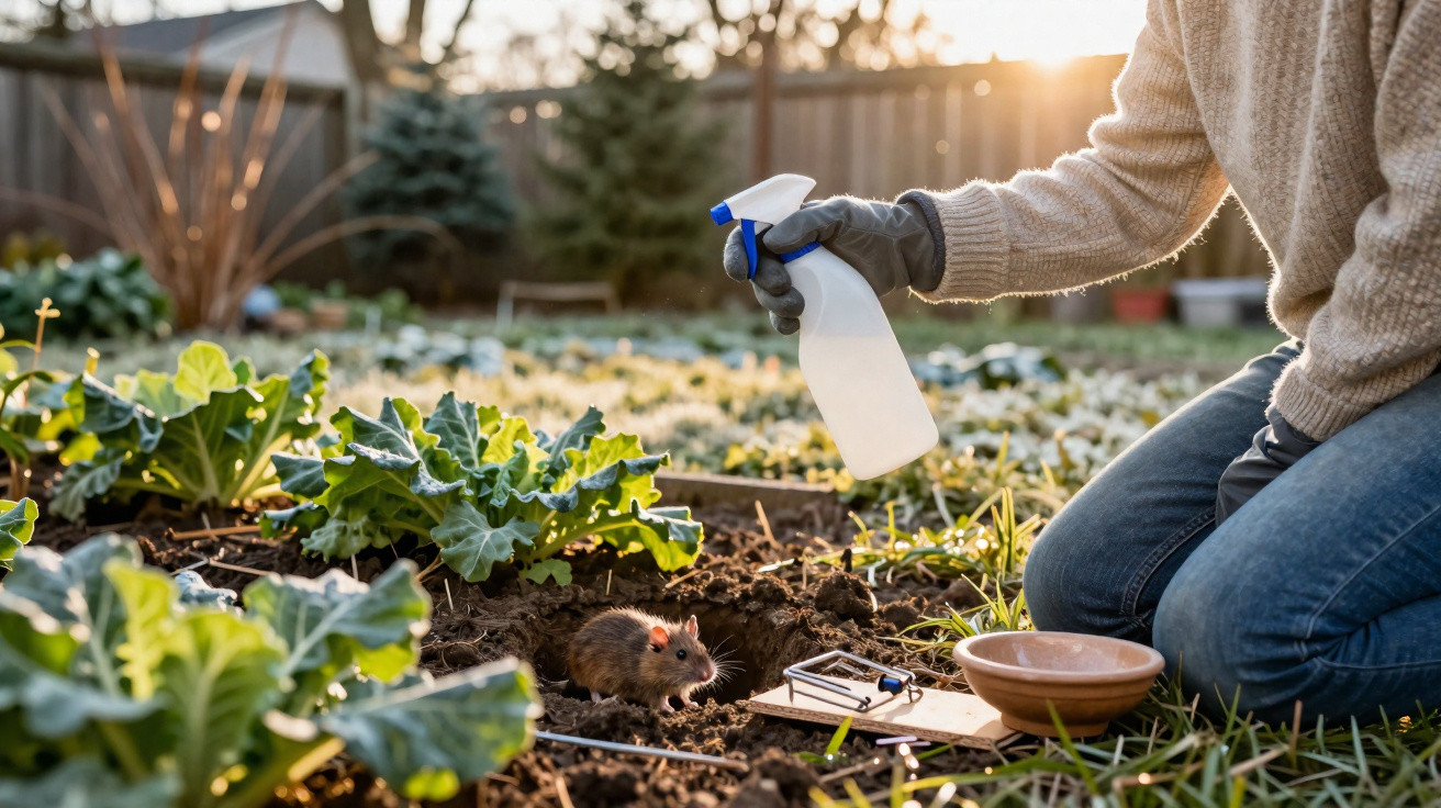 Person in gloves spraying water on a mouse caught near a garden mouse trap in a vegetable patch at sunset.