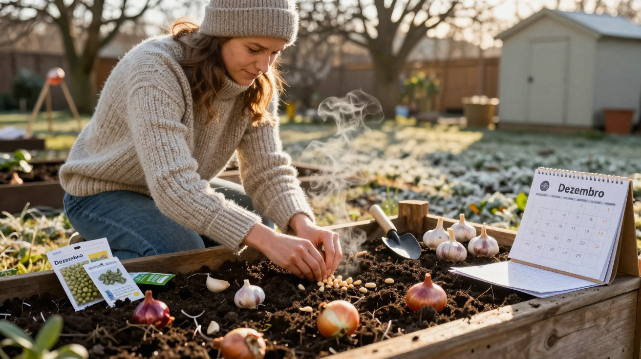 Woman in a beanie planting garlic cloves in a garden bed with a December calendar and seed packets nearby.