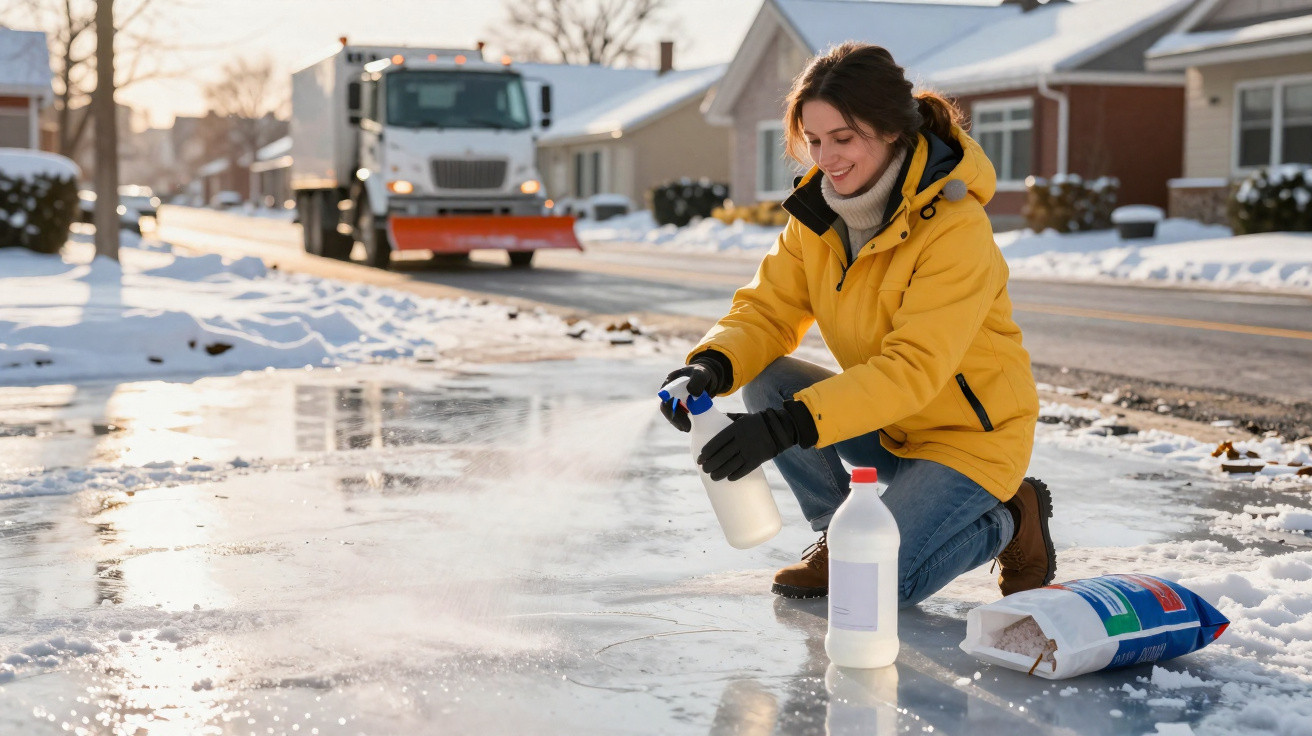 Person in yellow jacket spraying liquid on icy pavement with a snow plough truck in the background.