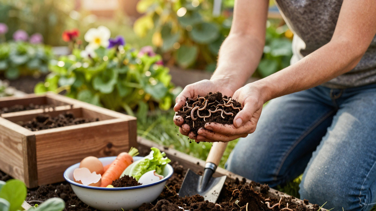 Person kneeling in garden holding soil with earthworms above a vegetable bed with composting materials nearby.