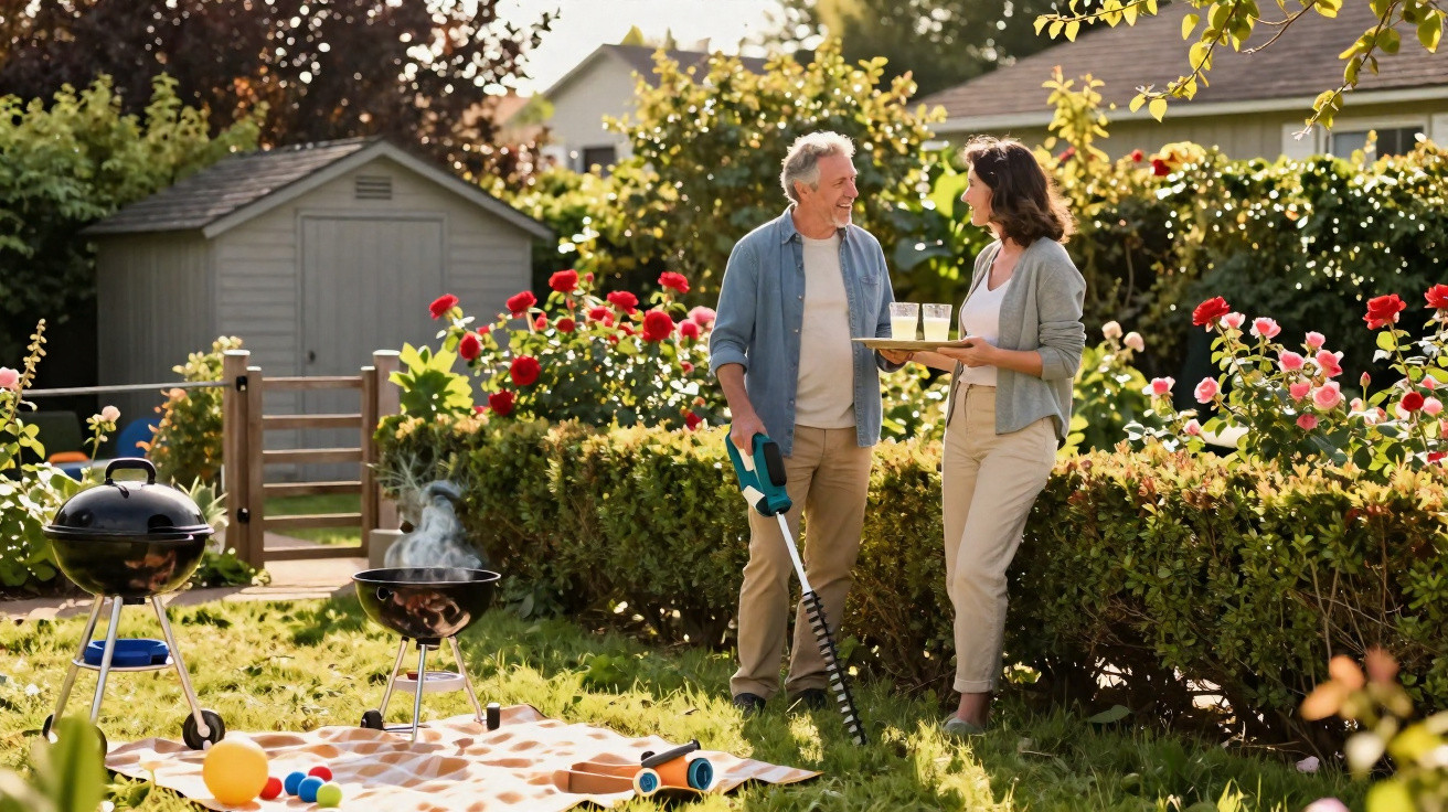 Older couple chatting in a garden with barbeque grills, toys, and drinks on a sunny day.