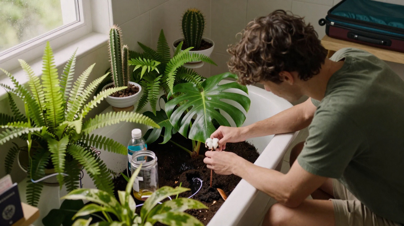 Man planting a seedling in soil inside a bathtub surrounded by various indoor houseplants.