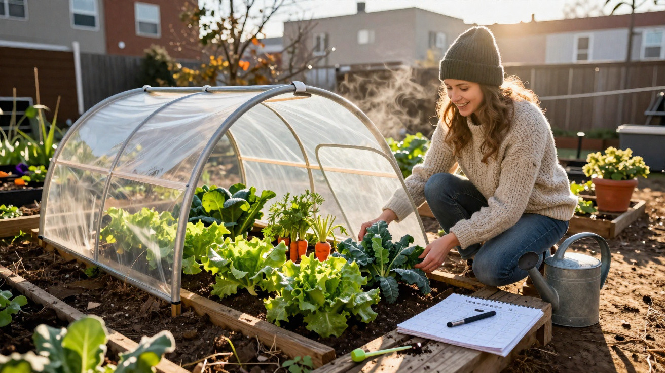 Woman tending to vegetables in an urban garden with a small greenhouse tunnel on a sunny day.