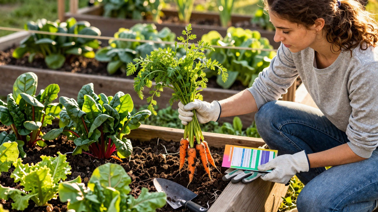 Woman wearing gloves harvesting fresh carrots from a vegetable garden bed with leafy greens nearby.