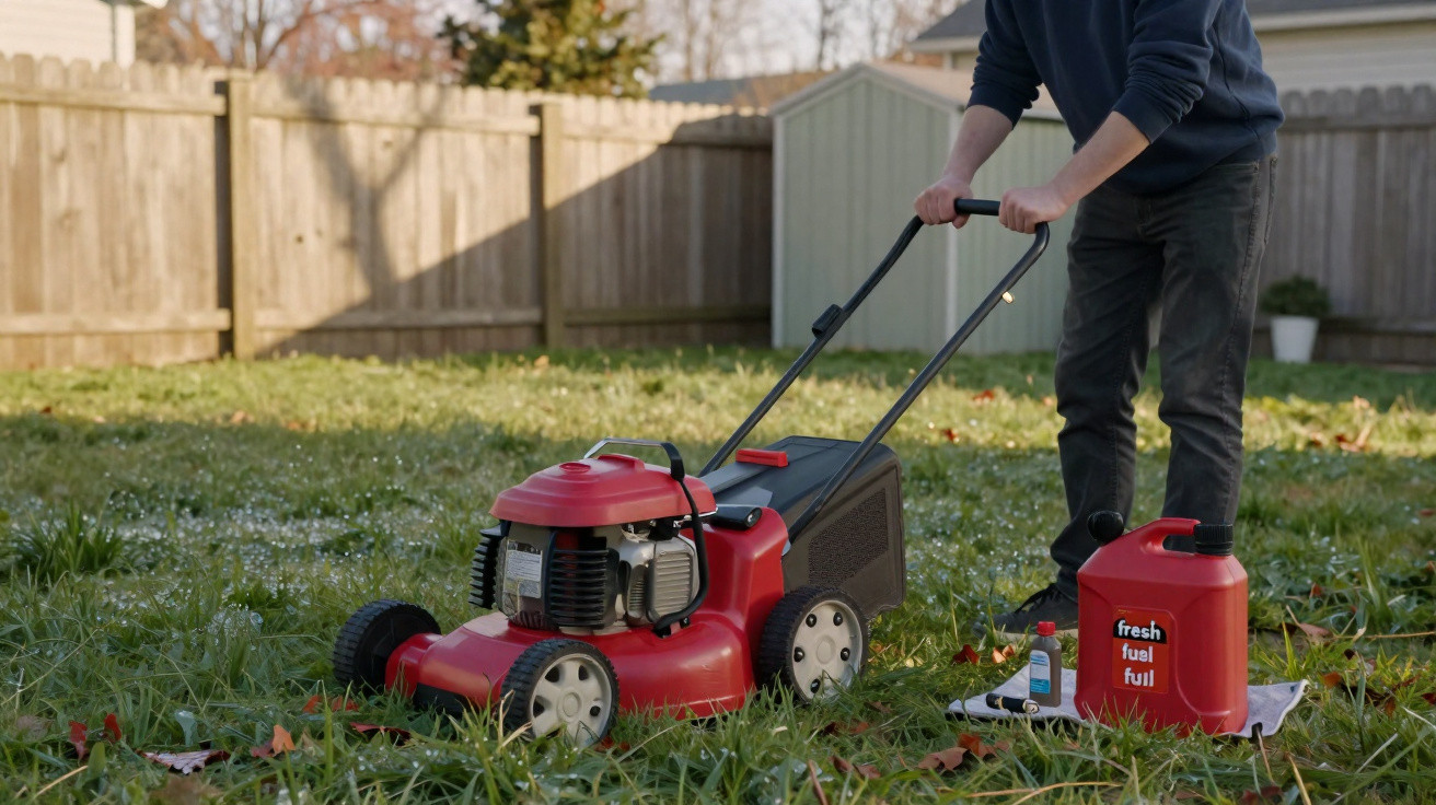 Person refuelling a red lawn mower in a grassy backyard with a wooden fence and garden shed.