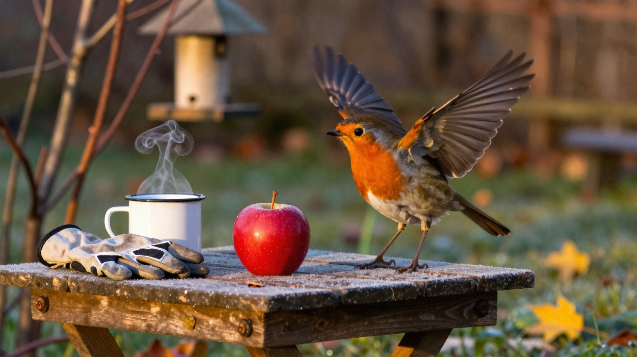 Robin with wings spread on frosty wooden table beside steaming mug, red apple, and gardening gloves.