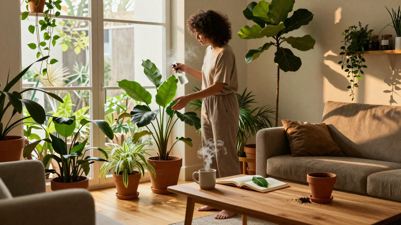 Person watering houseplants in a sunlit living room with a steaming mug and open book on the coffee table.