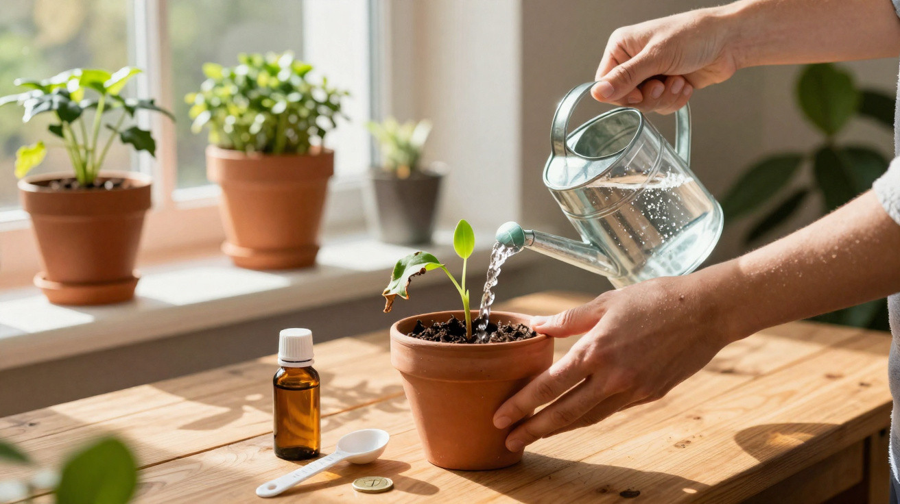 Hands watering a small plant in a terracotta pot on a wooden table with potted plants in the background.