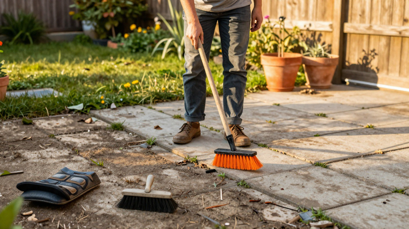Person sweeping garden patio with broom, surrounded by cleaning tools and potted plants in sunlight.