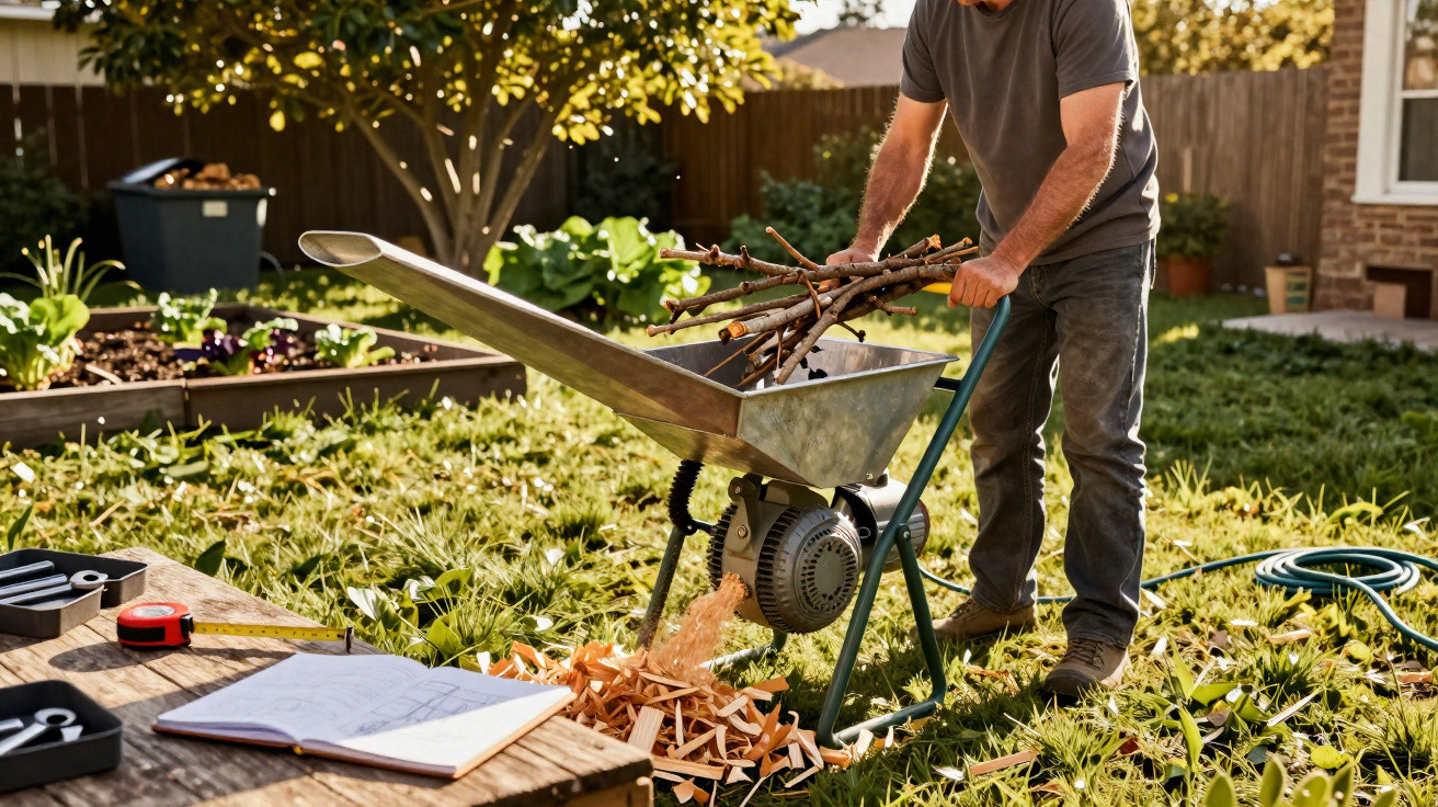 Person feeding branches into garden shredder with wood chips falling onto grass in backyard.