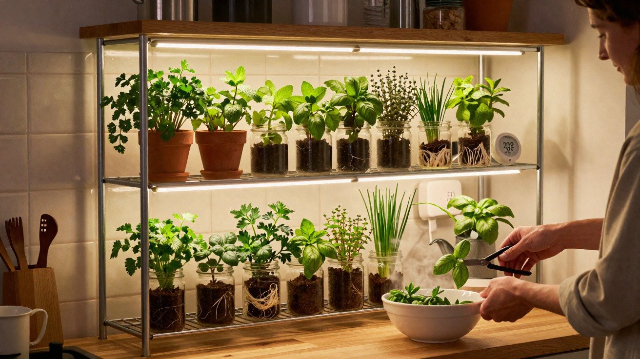 Indoor herb garden with various potted plants on shelves under grow lights next to a person harvesting leaves.