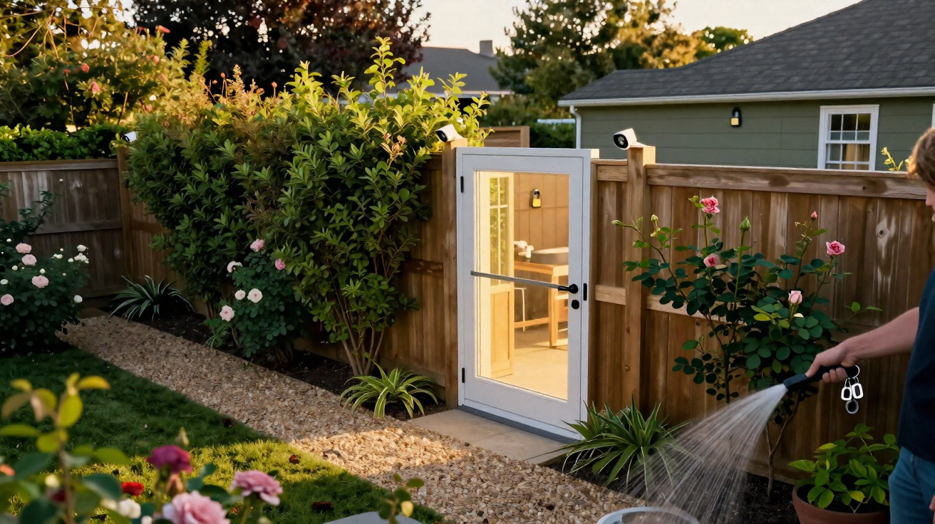 Person watering plants in a garden with a wooden fence, glass door, and flowering shrubs at sunset.