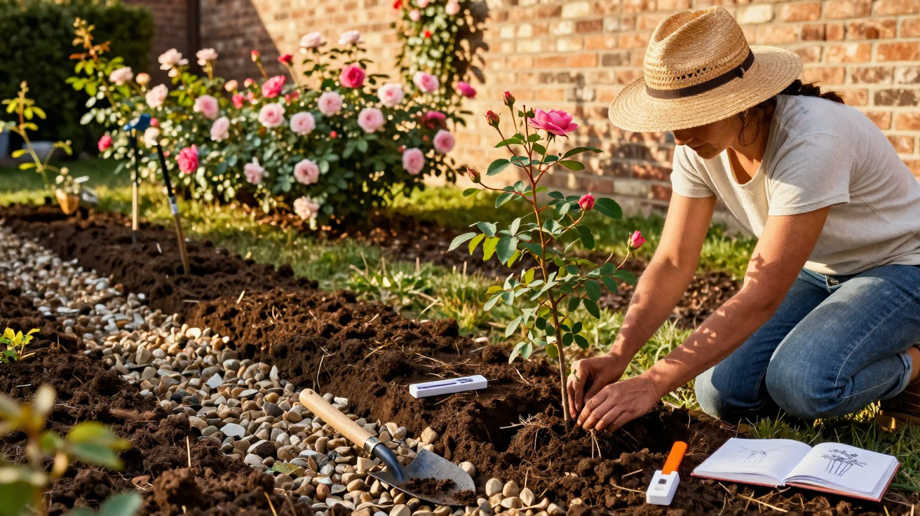 Person wearing a straw hat planting a rose bush in a garden bed with gardening tools and a notebook nearby.