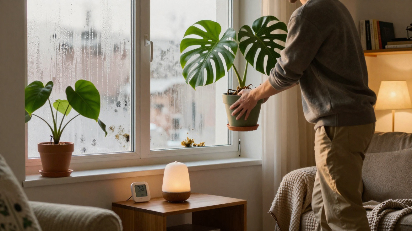 Person placing a potted monstera plant on a windowsill in a cozy living room on a rainy day.