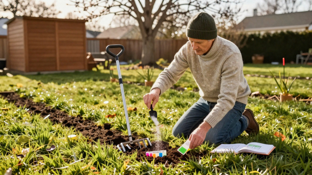 Man in a beanie and sweater kneeling in garden, planting seeds with gardening tools and guide book nearby.