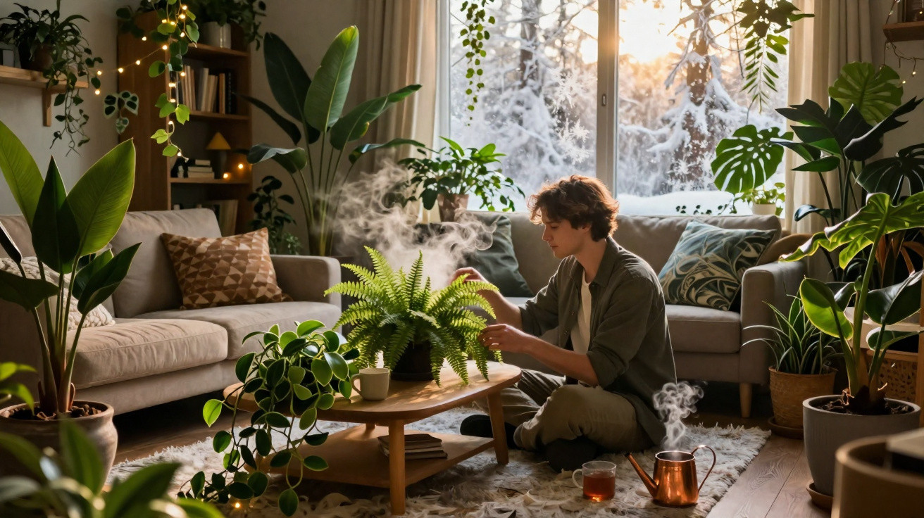 Person tending to indoor plants in a cosy living room with snowy window view at sunset.