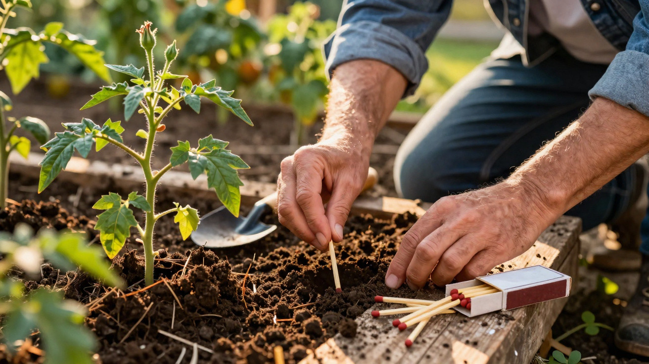 Hands planting seeds in soil next to a young tomato plant in a wooden garden bed with a box of matches nearby.