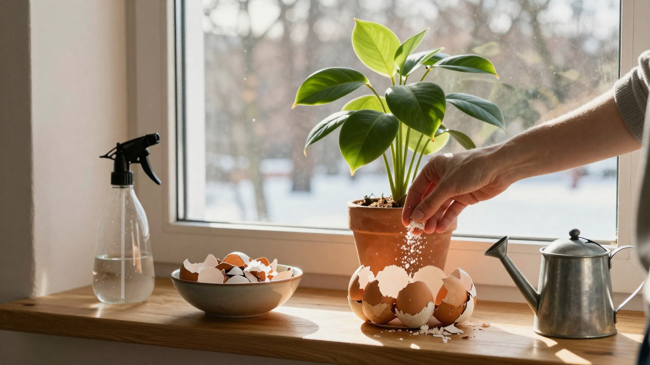 Hand sprinkling salt into a bowl made of broken eggshells on a windowsill with a plant and watering can nearby.