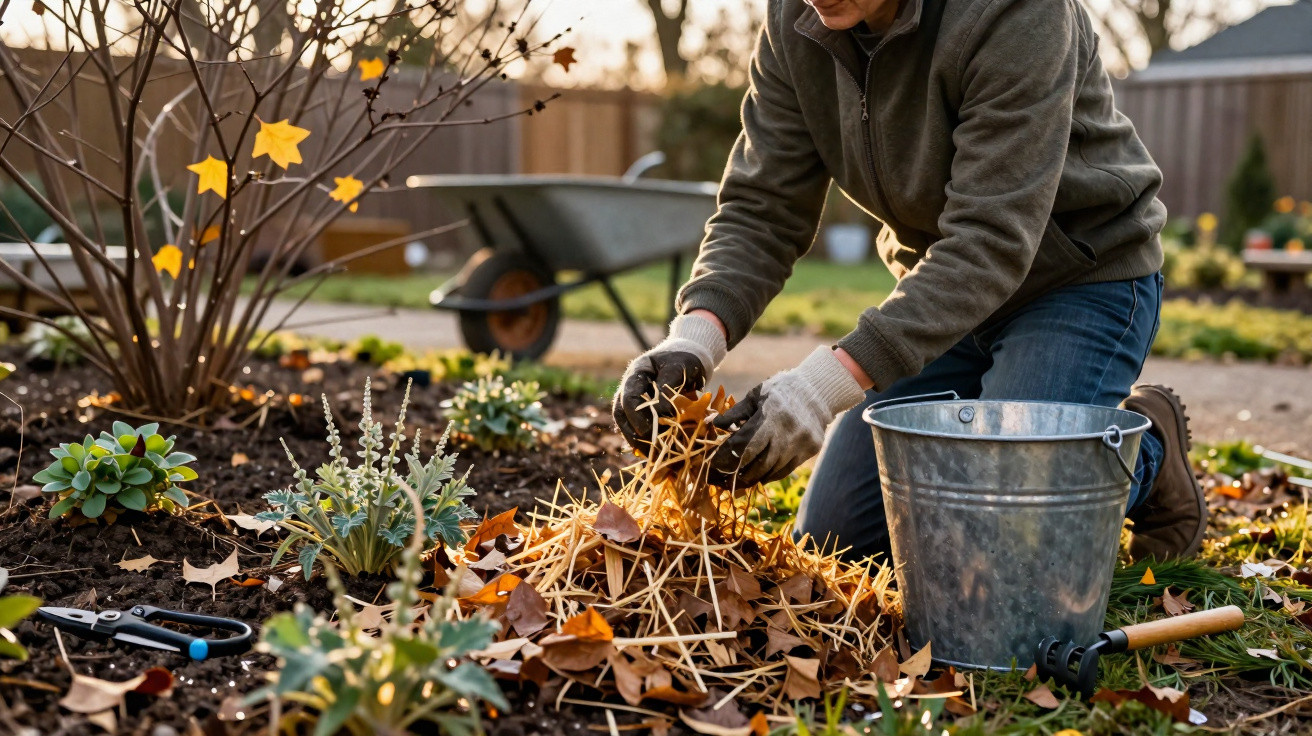 Person kneeling and wearing gloves, gathering autumn leaves in a garden with plants and a metal bucket nearby.