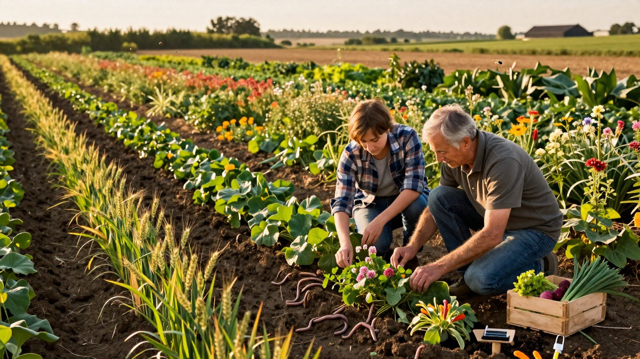 Grandfather and grandson planting flowers together in a vibrant garden on a sunny day.