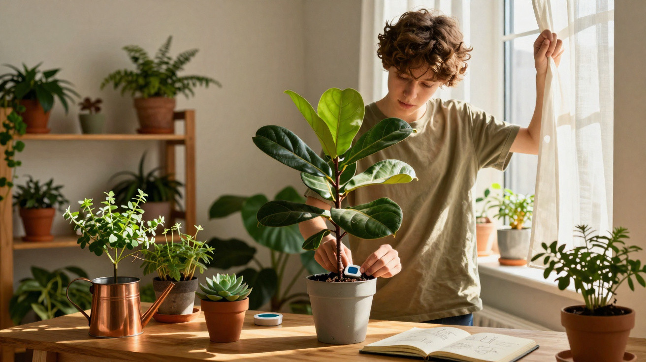 Child adjusting sensor on potted plant by sunlit window surrounded by various houseplants and open notebook.