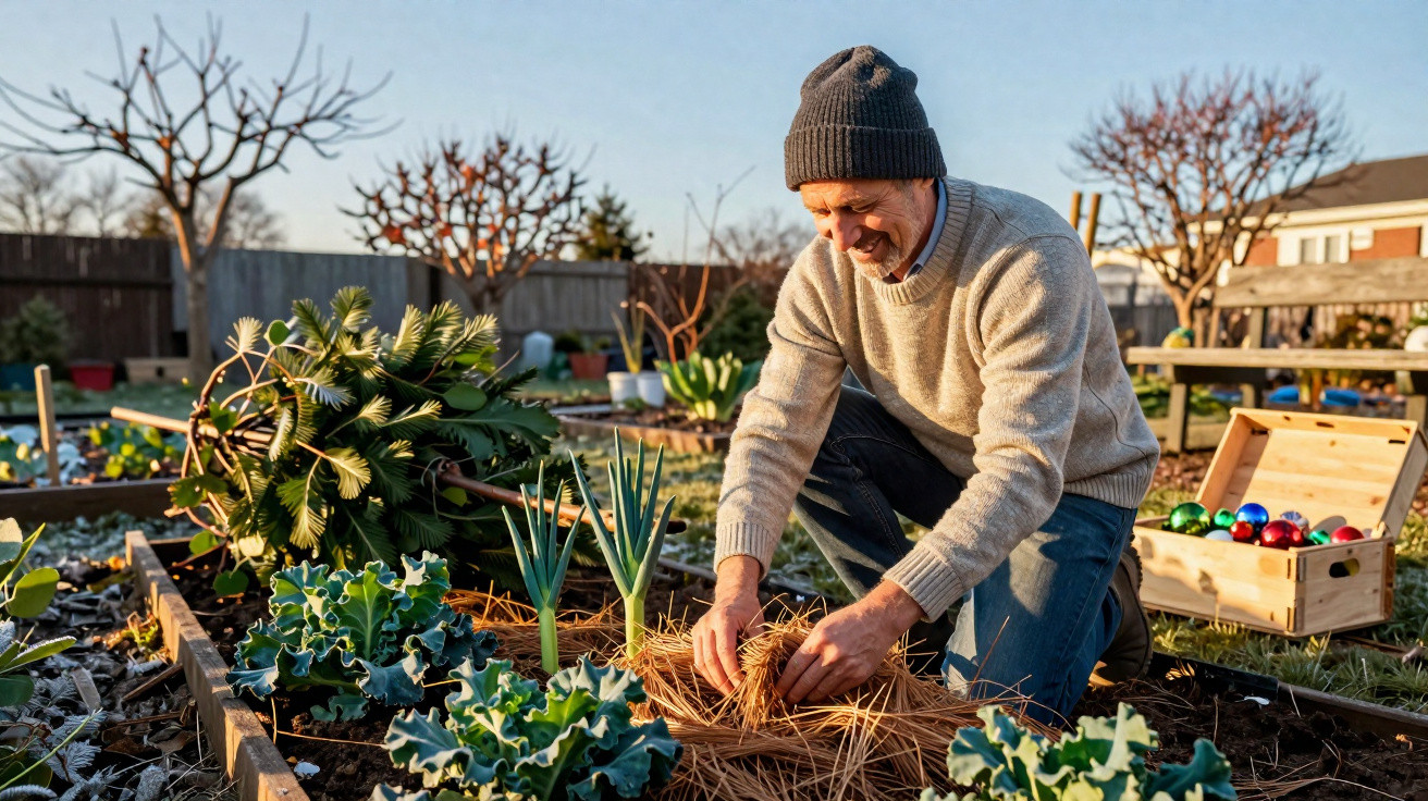 Man in wool hat and sweater preparing garden bed with straw, Christmas tree and decorations nearby on a sunny day