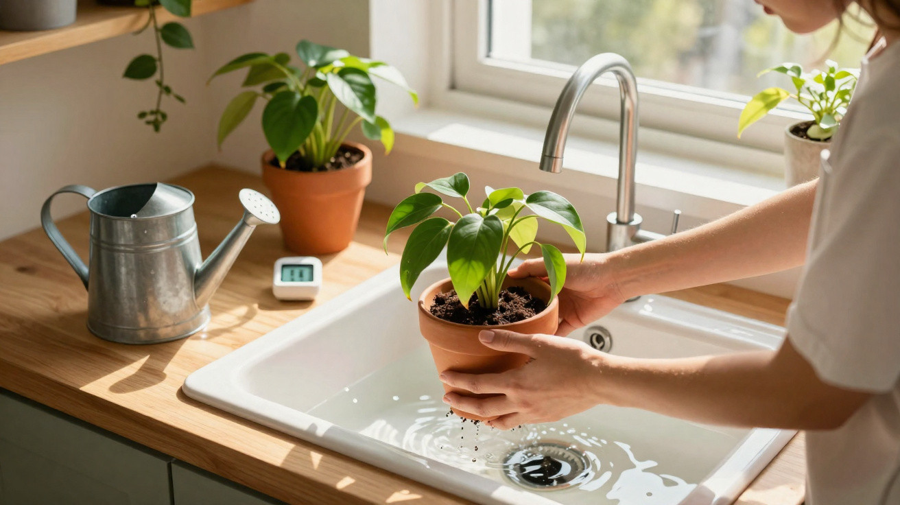 Person rinsing a green potted plant in a white kitchen sink with watering can nearby on wooden counter.
