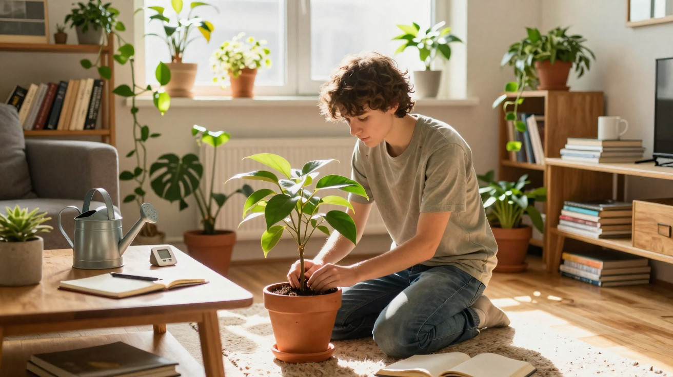 Young person kneeling on rug indoors, tending to a potted plant surrounded by other houseplants and books.