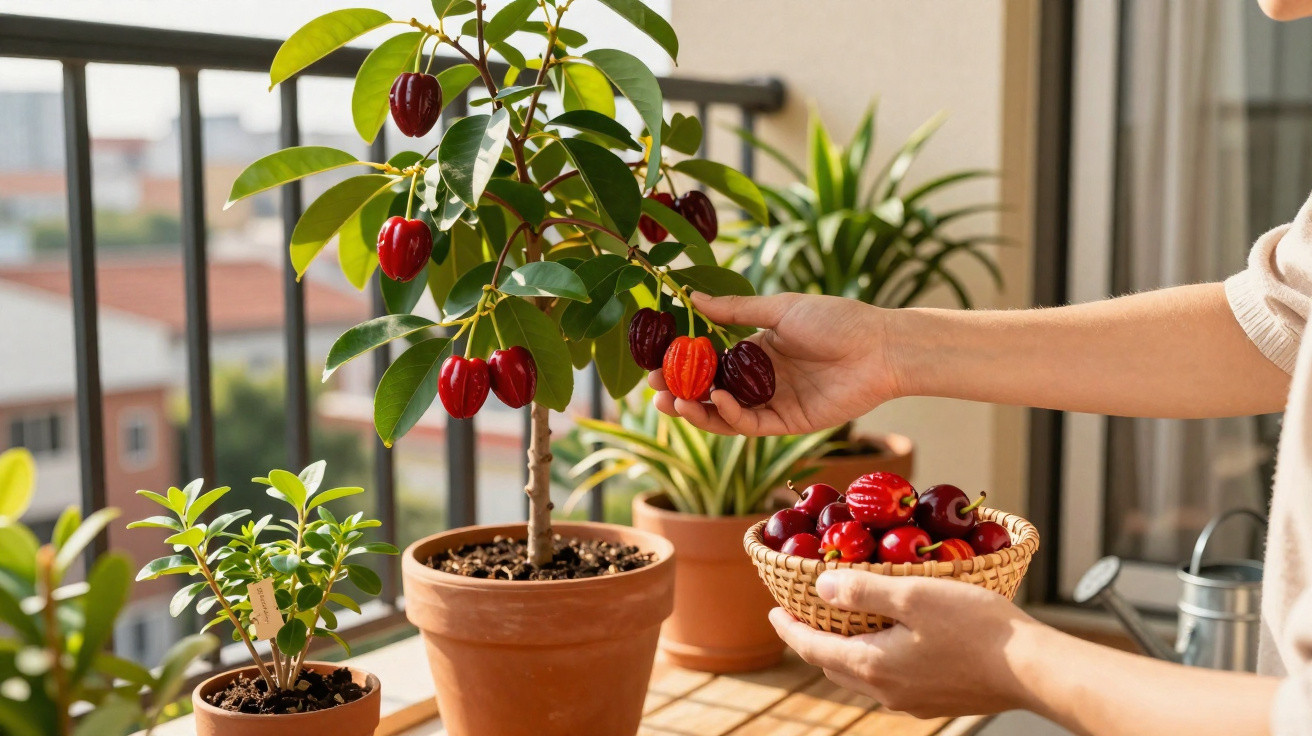 Person harvesting red acerola cherries from a potted plant on a sunlit balcony table.