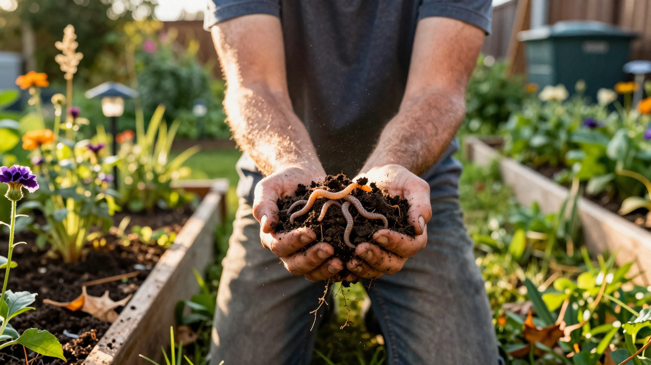 Person holding soil with worms in a garden surrounded by raised flower beds and plants in daylight.