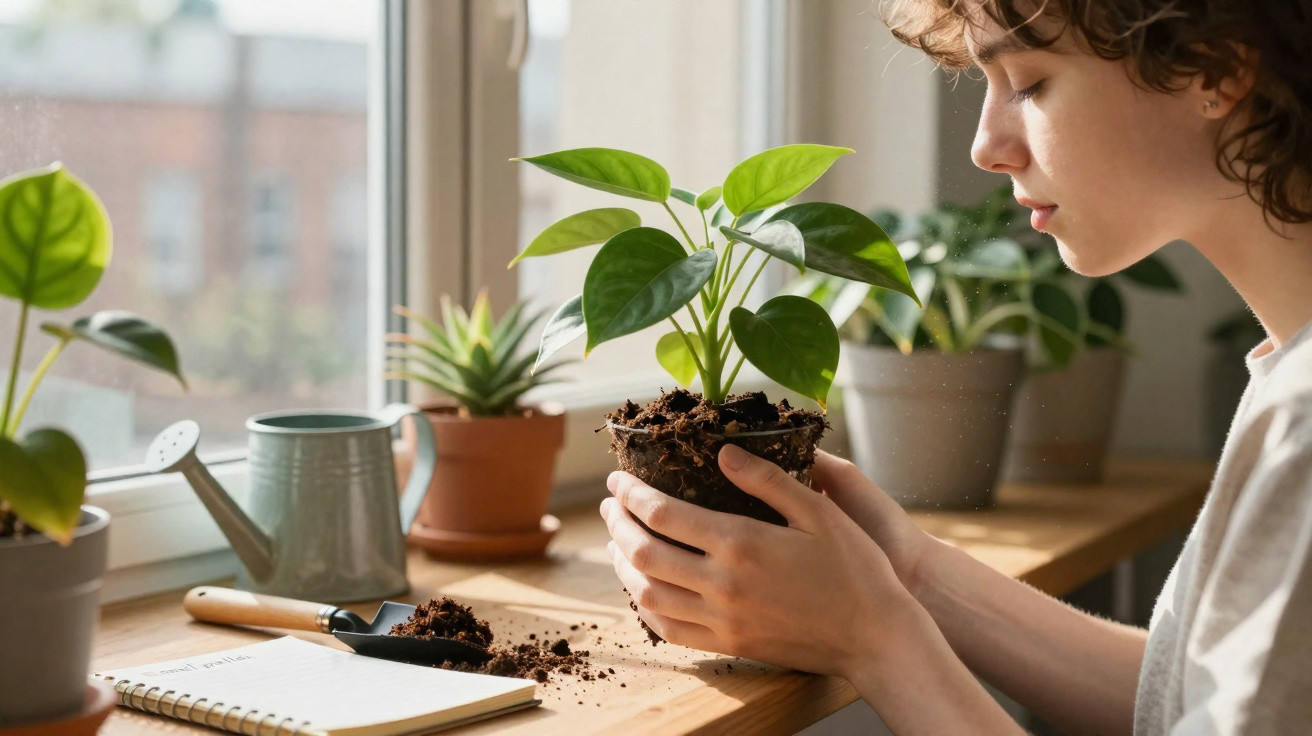 Person holding a young potted plant near a window with gardening tools and plants on the wooden table.