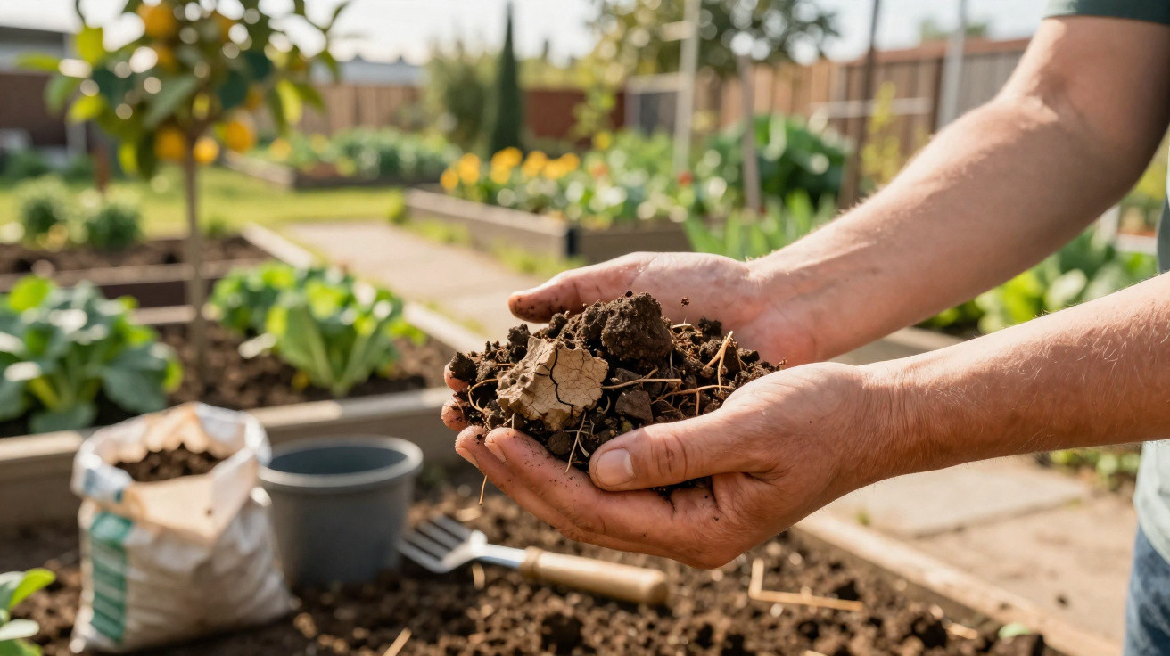 Hands holding soil with garden beds and gardening tools in the background on a sunny day