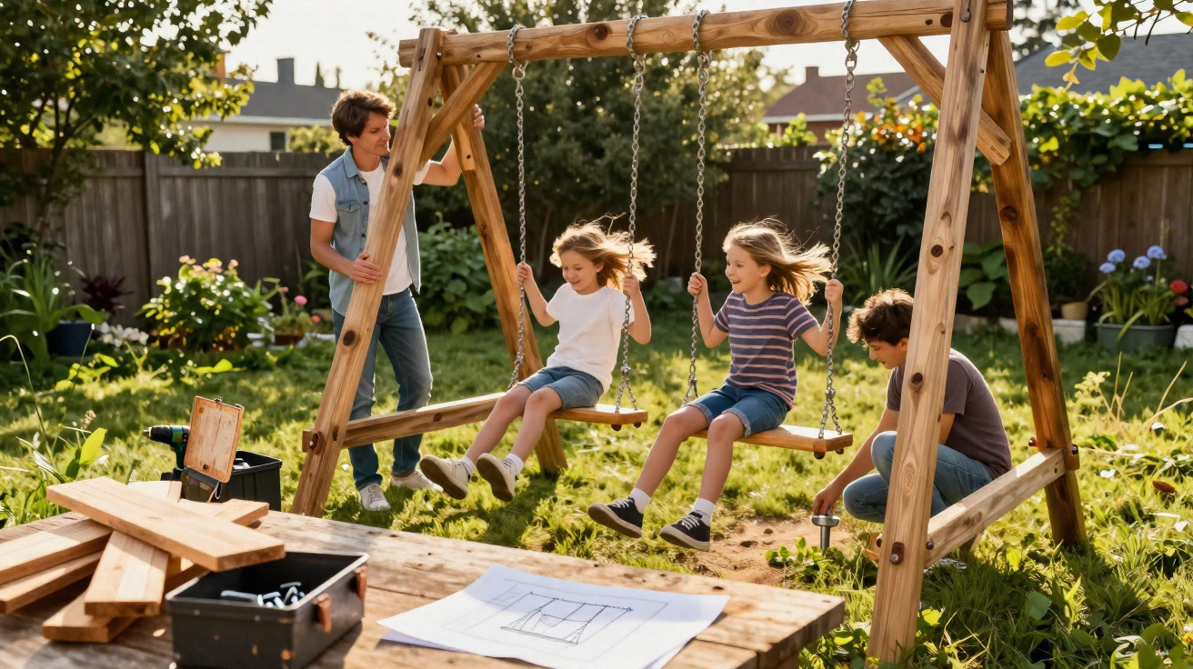 Four children enjoying a wooden swing set in a sunny garden with construction plans and tools nearby.