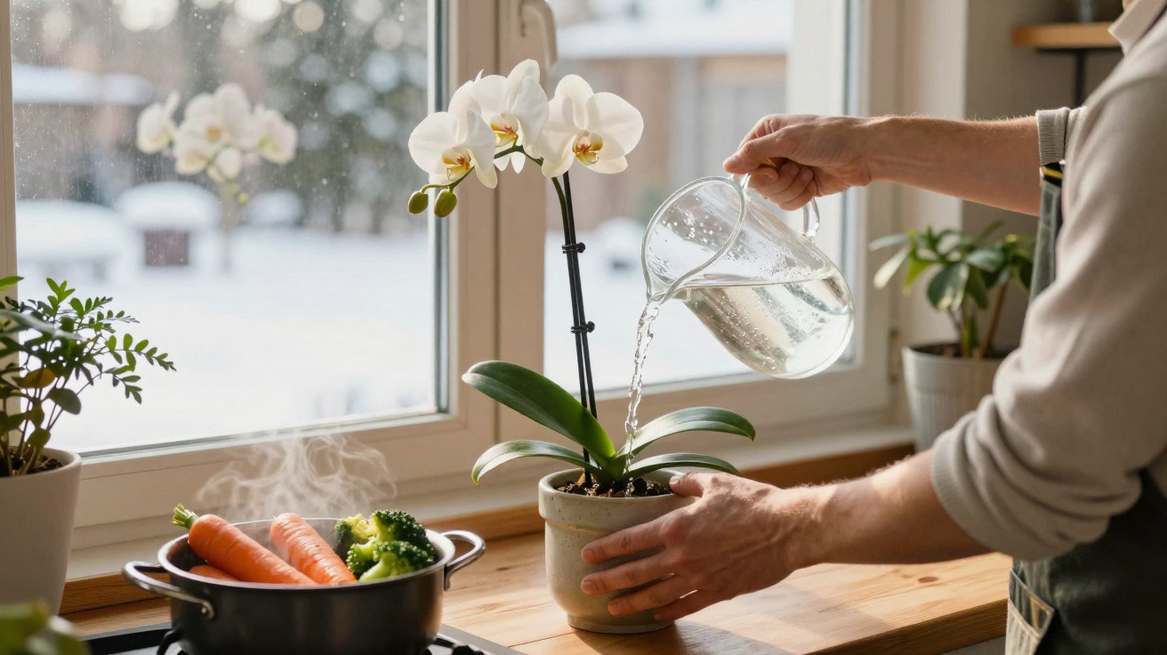 Person watering a white orchid on a windowsill next to steaming vegetables in a pot.