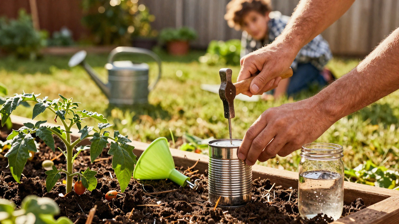 Adult hands opening a tin can in a garden bed, with a child and watering can in the background.