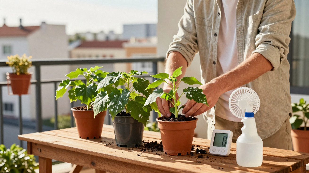 Person tending to potted plants on a wooden table with a fan and digital timer on a balcony.