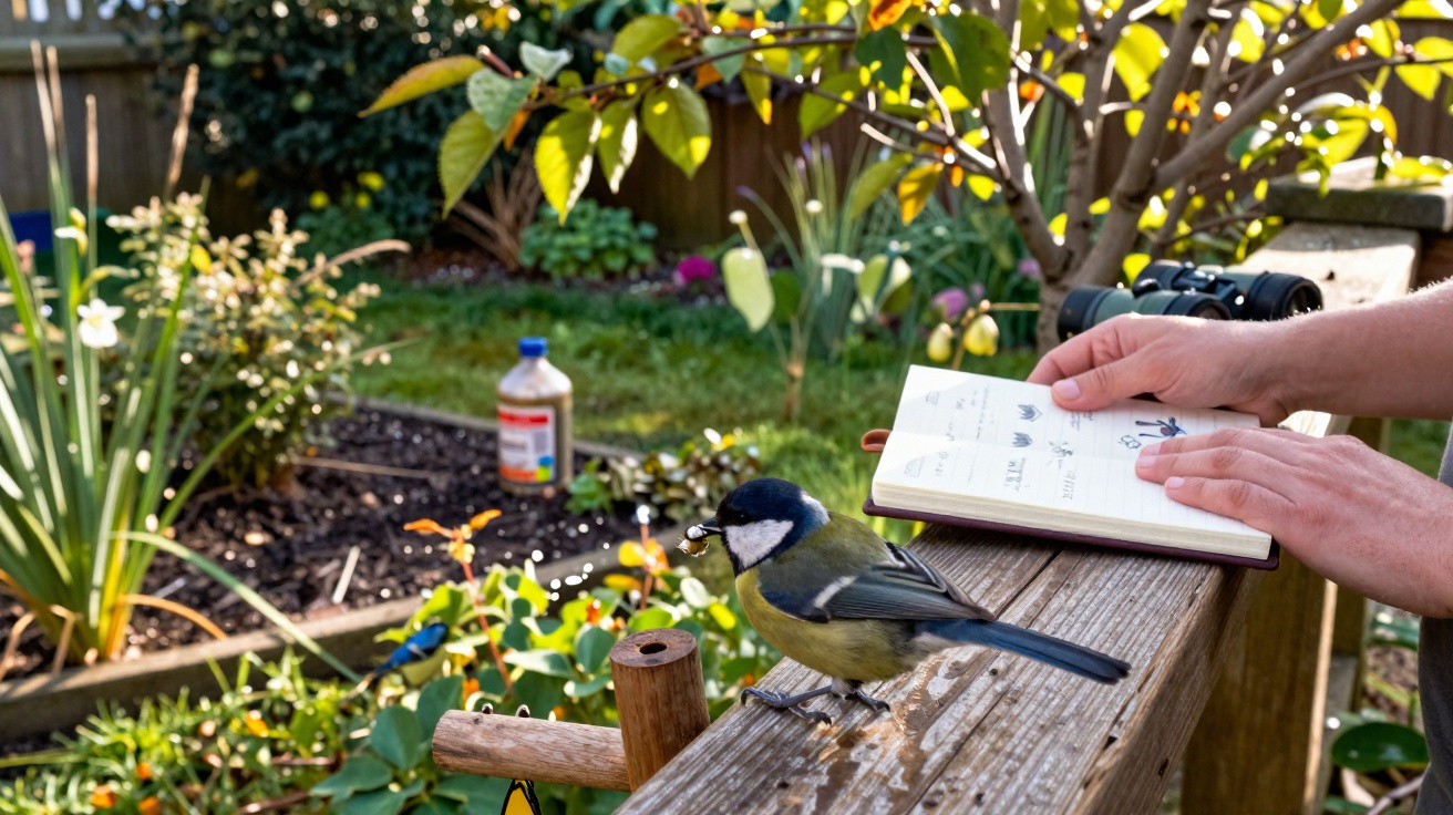 Great tit bird perched on a wooden railing with a person holding a birdwatching notebook and binoculars nearby.