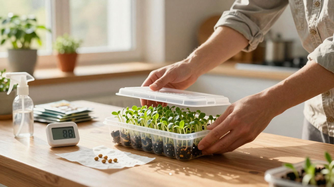 Person lifting lid off container with green seedlings on wooden table in a sunlit room