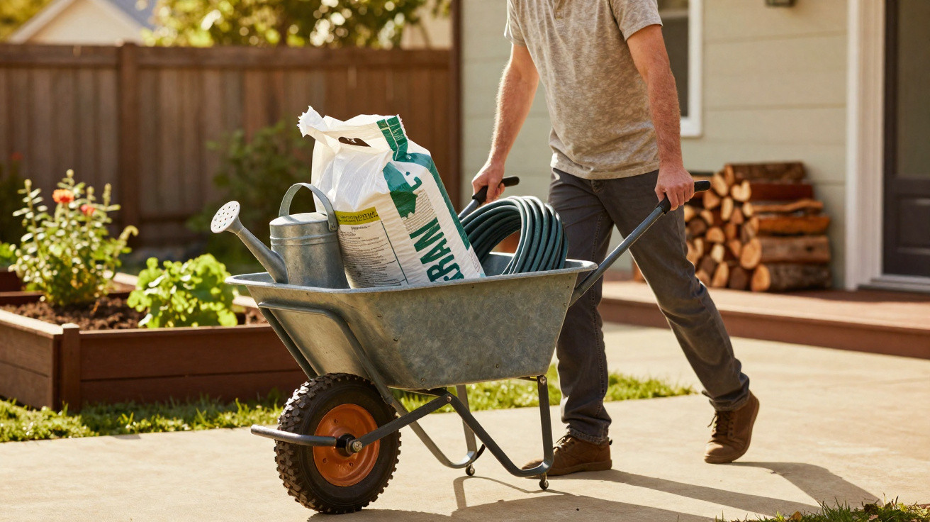 Person pushing a wheelbarrow with gardening supplies including soil, a watering can, and a hose in a backyard.