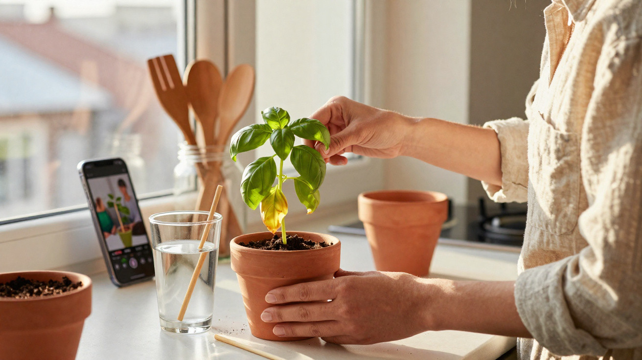 Person tending to a basil plant in a terracotta pot on a sunny kitchen windowsill.