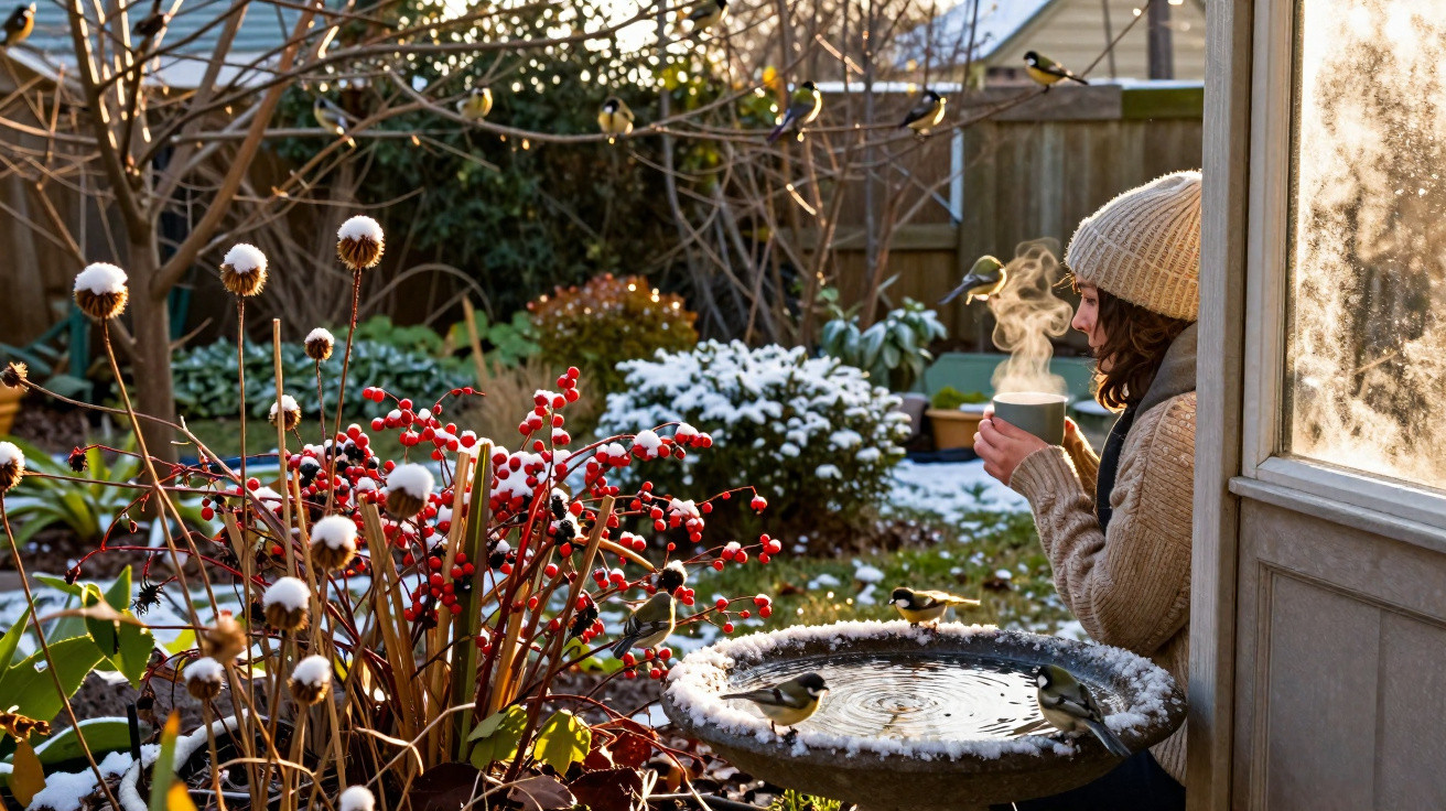Person in a knit hat enjoying a hot drink near a snowy garden birdbath with small birds perched around.