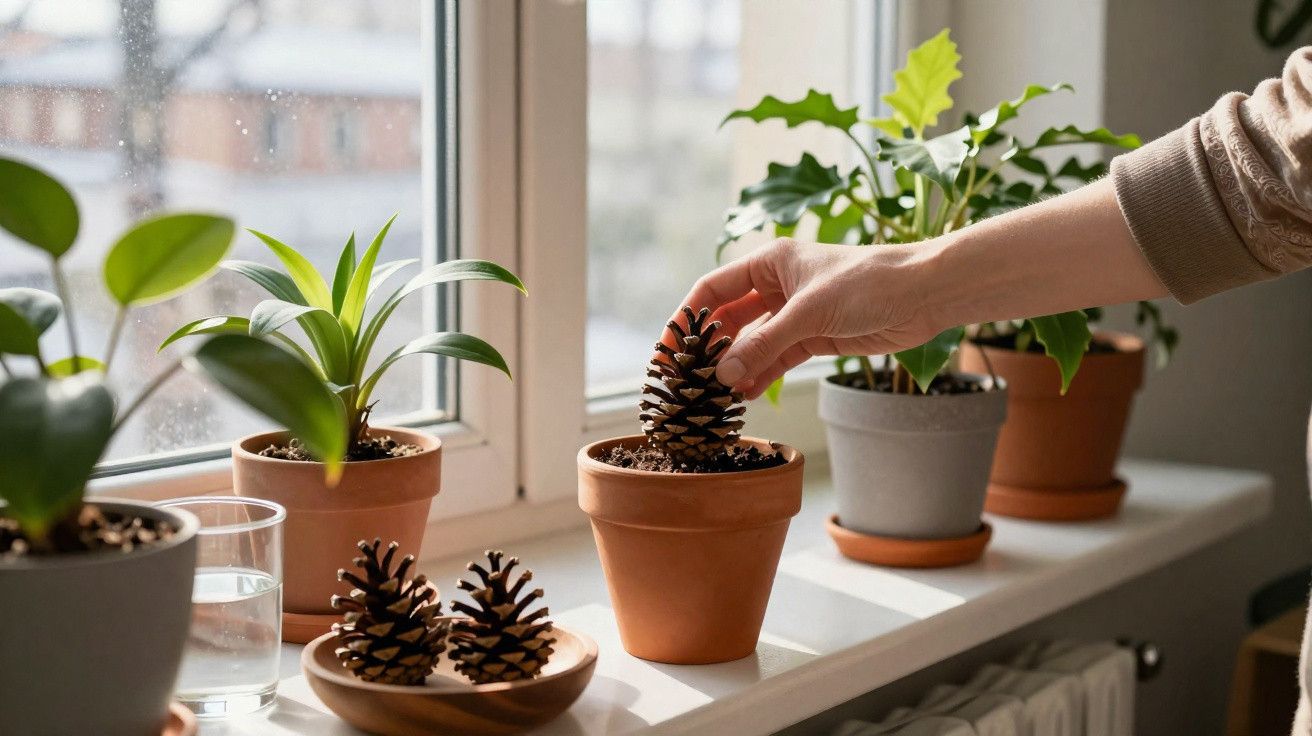 Hand placing a pinecone in a small terracotta pot on a windowsill with various houseplants.