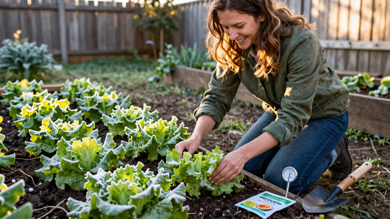 Woman harvesting fresh lettuce in a garden bed during sunny weather, with gardening tools nearby.