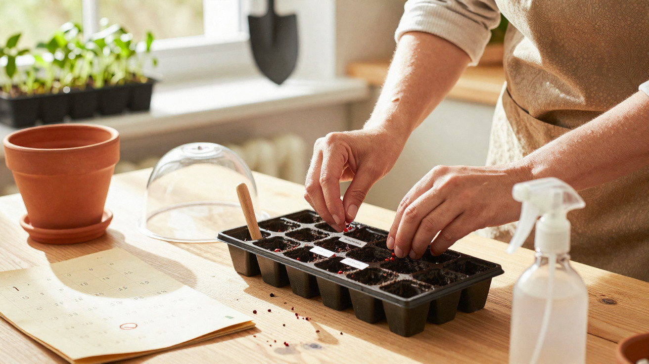 Person planting seeds in seed tray on wooden table with calendar, spray bottle, and plant pots nearby.