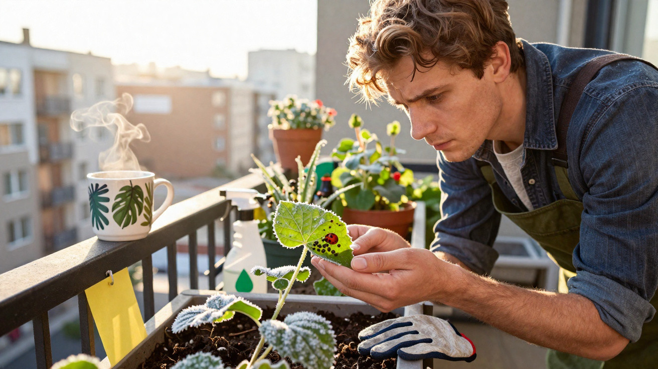 Young man examining a leaf with ladybugs on a balcony garden under sunlight with a steaming mug nearby.