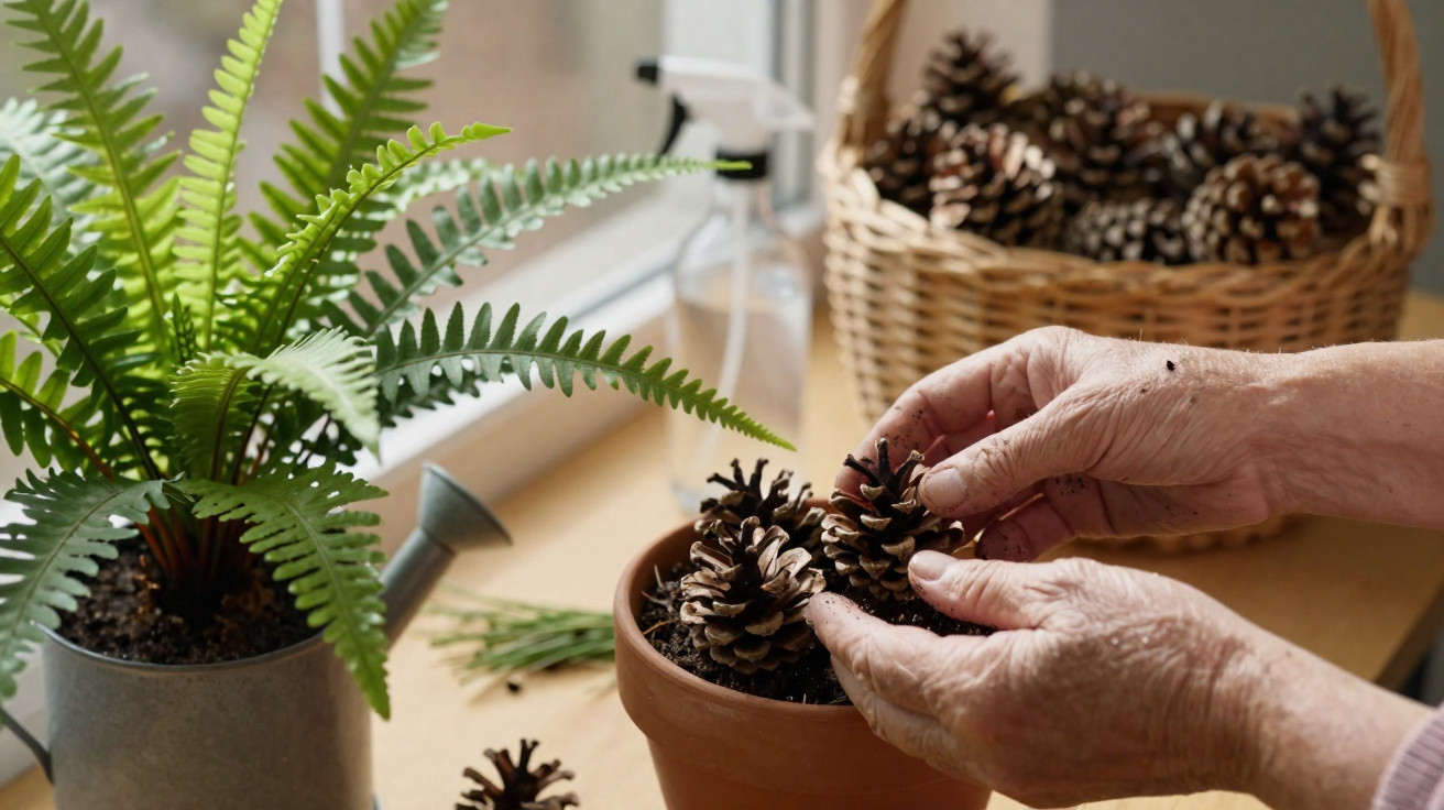 Hands placing pine cones into a terracotta pot near a potted fern and a basket of pine cones by the window.
